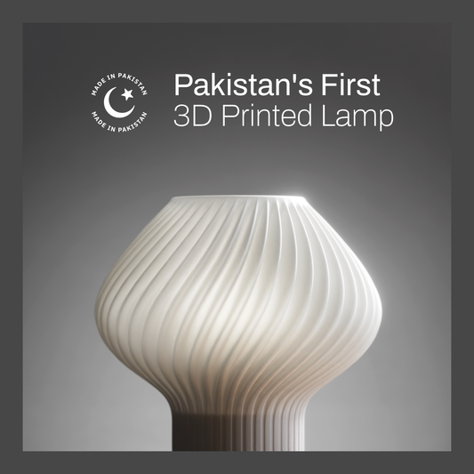 3D printed lamp that resembles the shape of a shell. Text above: "Pakistan's First 3D Printed Lamp" Next to a monogram with text "Made in Pakistan"